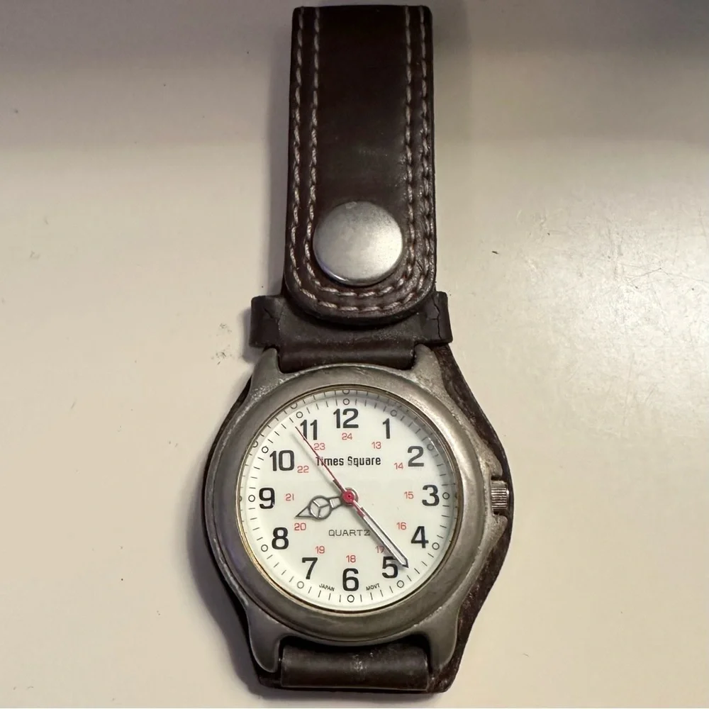 Vintage Times Square Quartz Watch, Date, Waist Leather band brown men’s